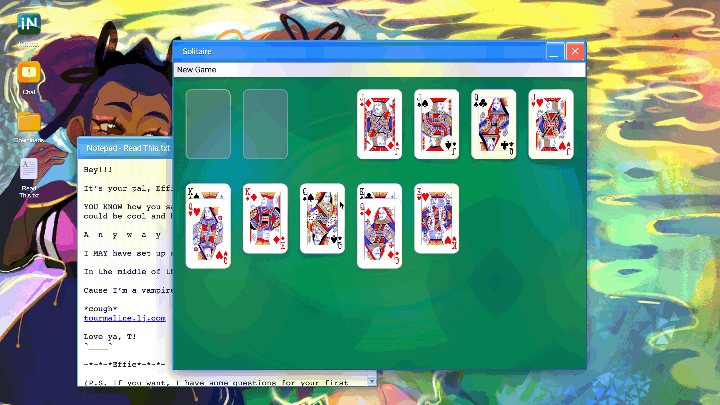 An animated GIF of someone playing Solitaire on a Windows XP interface.