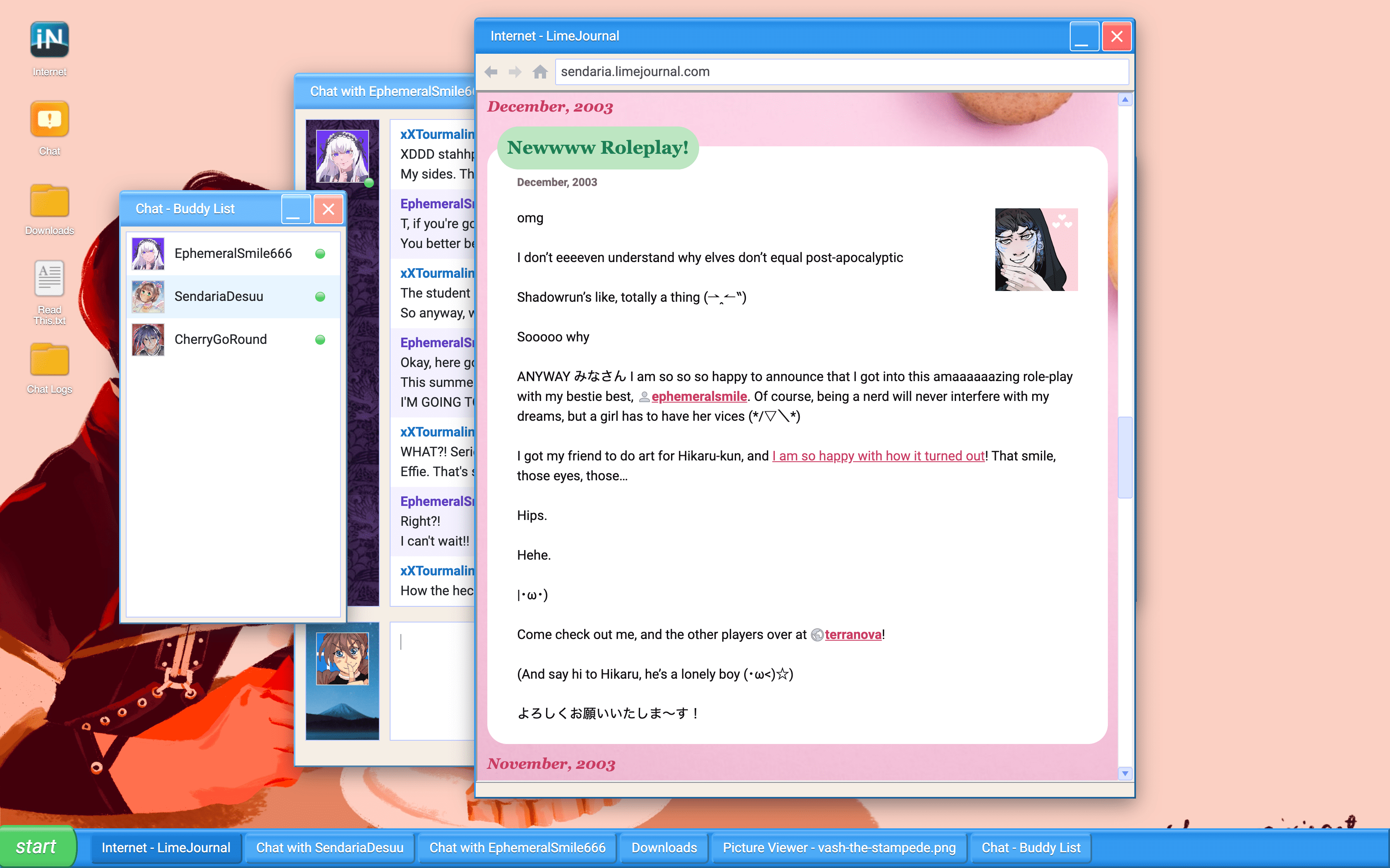 A chat box with a blog open, discussing a new roleplay.