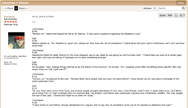 A screenshot of a forum roleplay where two people are chatting back and forth, making a story together.